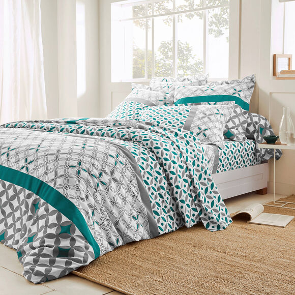 Linge de lit Marlow coton, imprimé géométrique (gris / vert)
