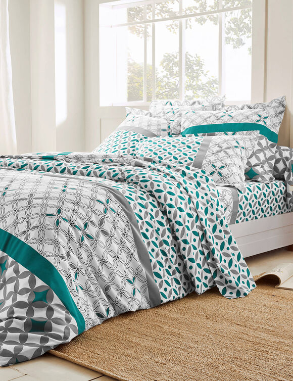 Linge de lit Marlow coton, imprimé géométrique (gris / vert)