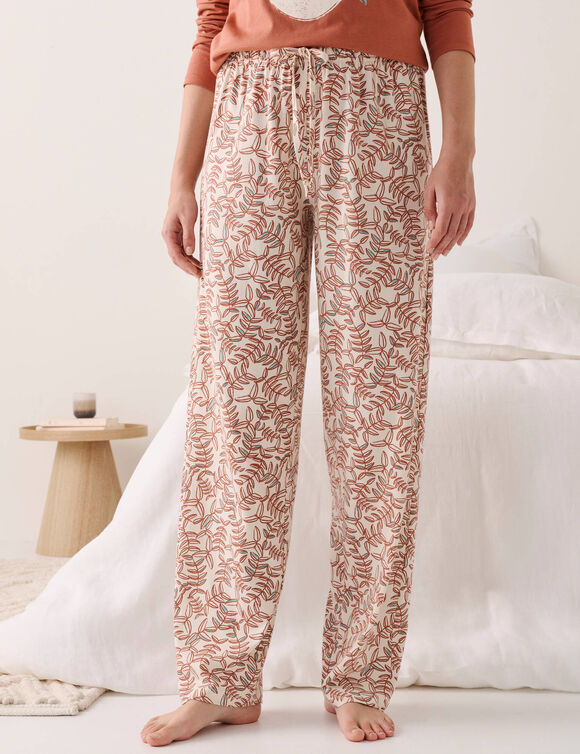 Pantalon pyjama coton imprim&eacute; "feuillage" avec lien &agrave; nouer (&eacute;cru)