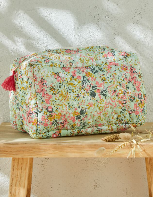 Trousse de toilette coton matelassé imprimé fleuri  (vert / rose)