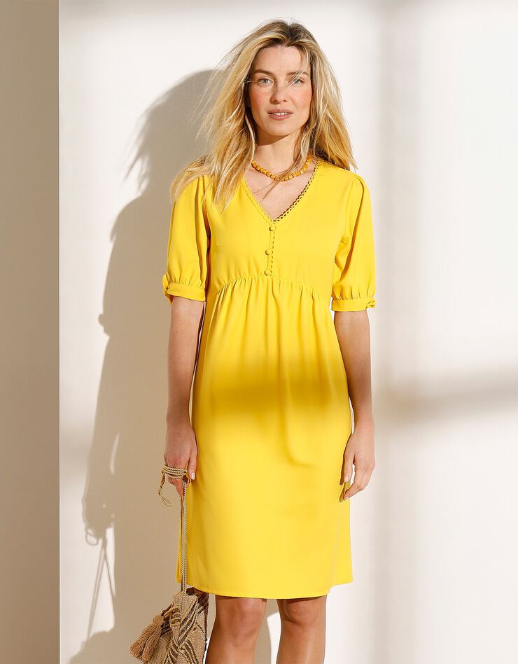 Robe unie col V crêpe fluide (jaune) Robe unie col V crêpe fluide (jaune)