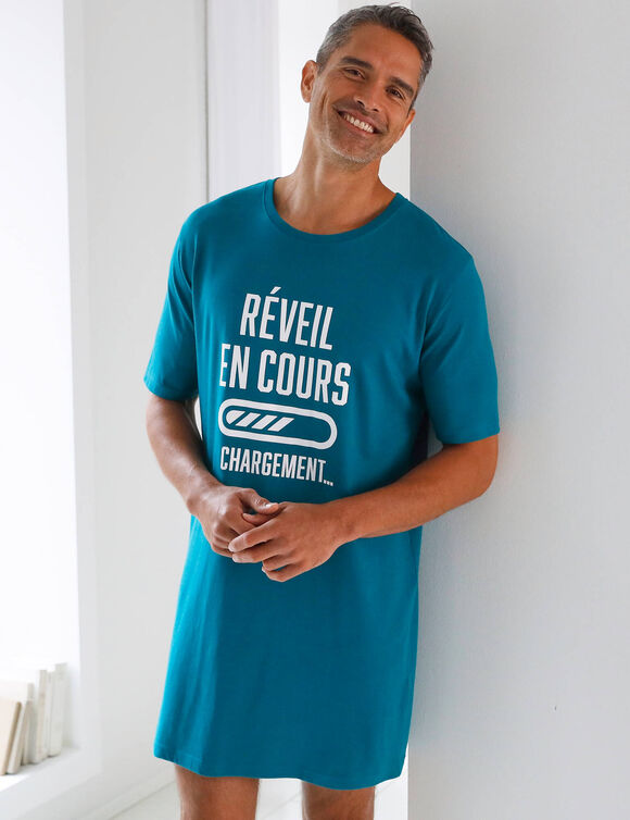 Maxi T-shirt pyjama imprimé "réveil en cours" (bleu canard)