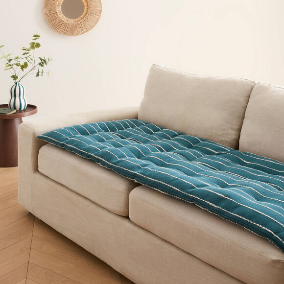 Long coussin de canap&eacute; broderie fantaisie (bleu)