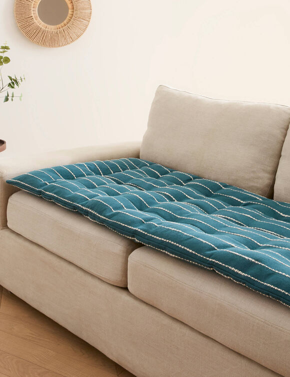 Long coussin de canap&eacute; broderie fantaisie (bleu)