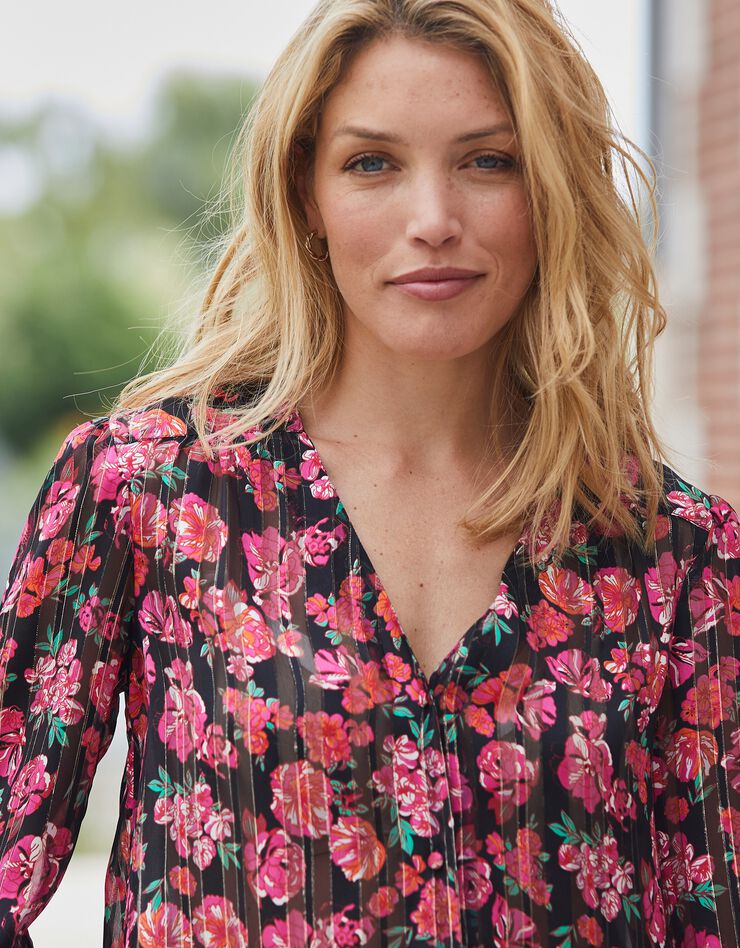Blouse boutonnée imprimé fleuri, voile jacquard (noir / fuchsia) Blouse boutonnée imprimé fleuri, voile jacquard (noir / fuchsia)