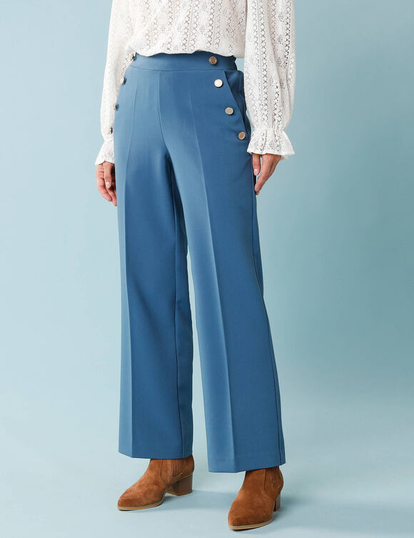 Pantalon large spécial Petites taille haute et boutonné côtés (bleu)