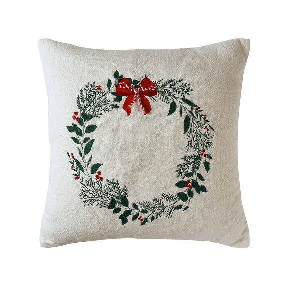 Coussin coton bouclette, broderies Noël (écru / rouge / vert)