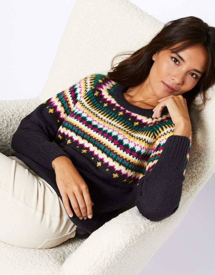 Pull col rond motif jacquard, toucher mohair (anthracite / miel) Pull col rond motif jacquard, toucher mohair (anthracite / miel)