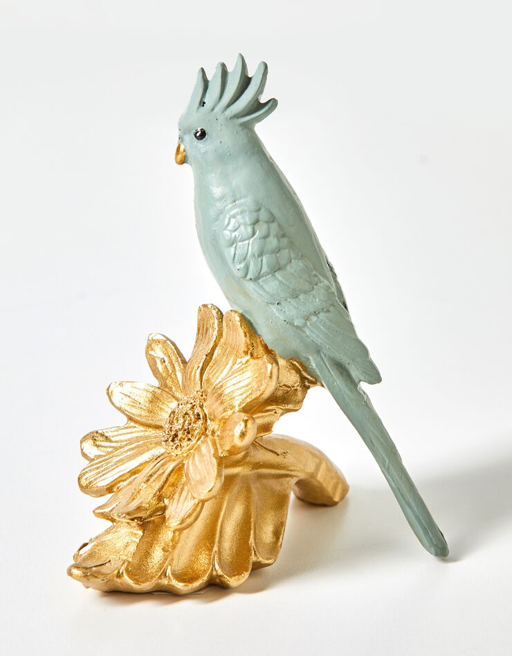 Statuette perroquet sur fleur dorée (gris/doré)