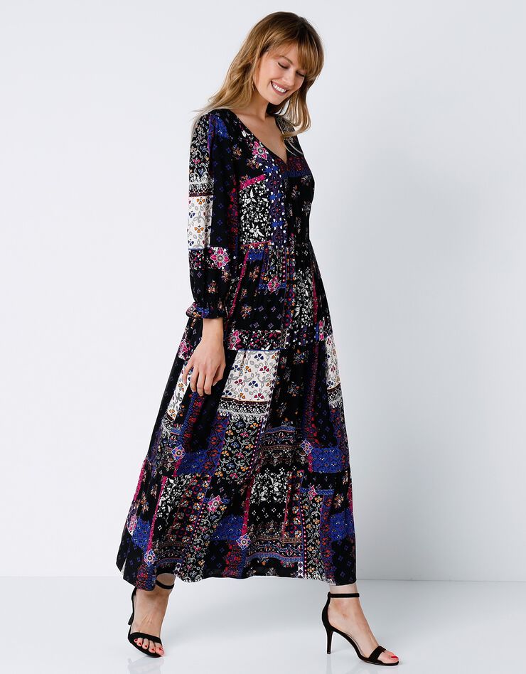 Robe longue patchwork (noir / violine) Robe longue patchwork (noir / violine)