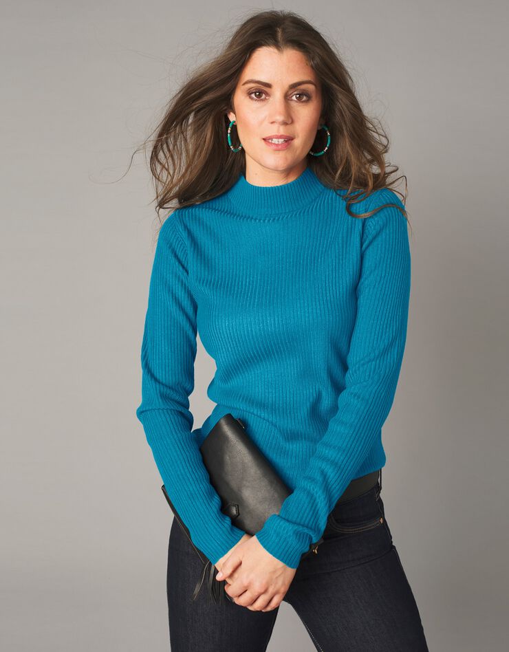 Pull col montant long, maille côtelée (bleu prusse) Pull col montant long, maille côtelée (bleu prusse)