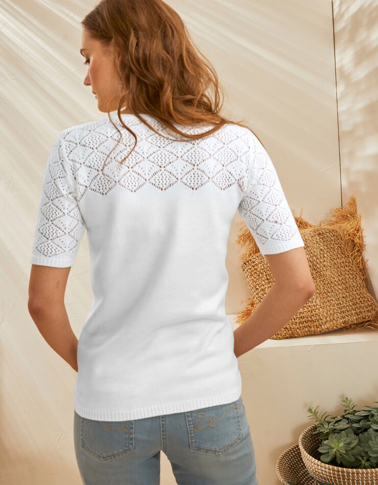 Pull manches courtes, maille ajourée toucher cachemire (blanc) Pull manches courtes, maille ajourée toucher cachemire (blanc)