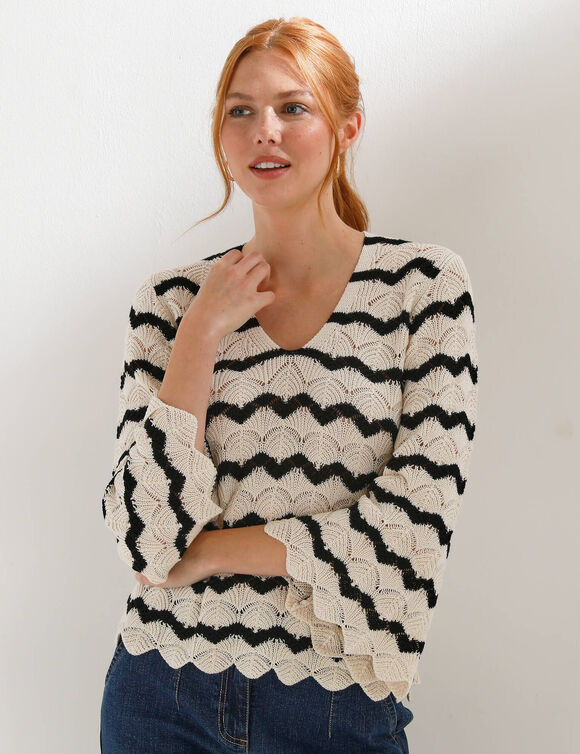 Pull fantaisie, manches pagodes (&eacute;cru / noir)