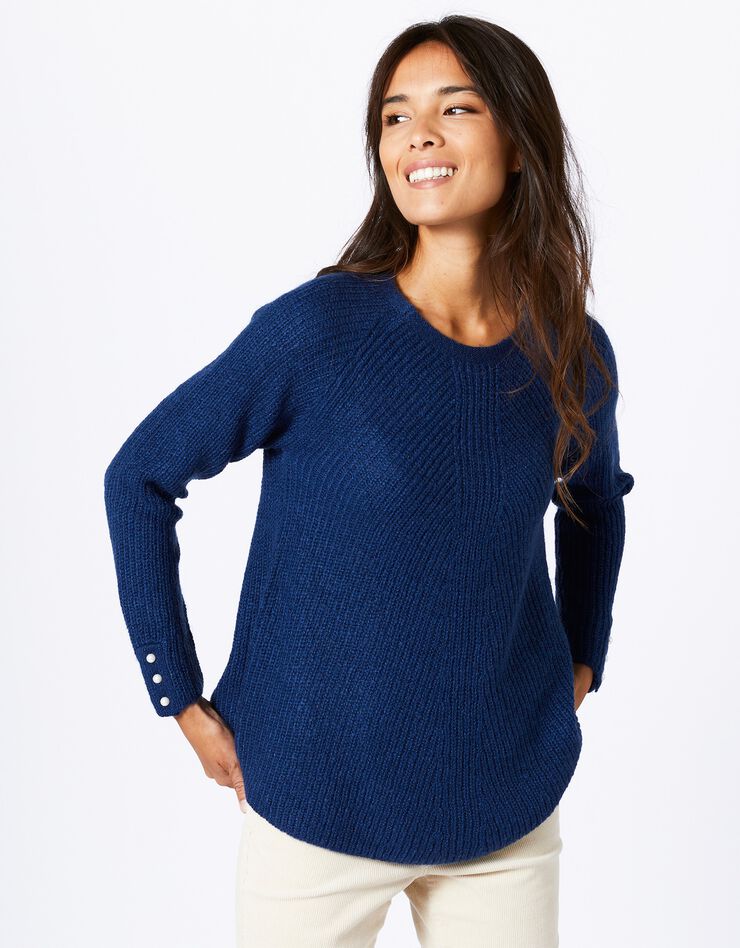 Pull évasé maille anglaise poignets boutonnés (bleu nuit) Pull évasé maille anglaise poignets boutonnés (bleu nuit)