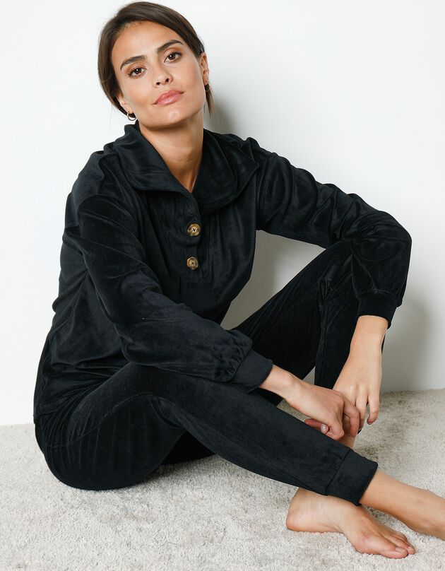 Pyjama velours stretch manches longues col boutonné (noir)