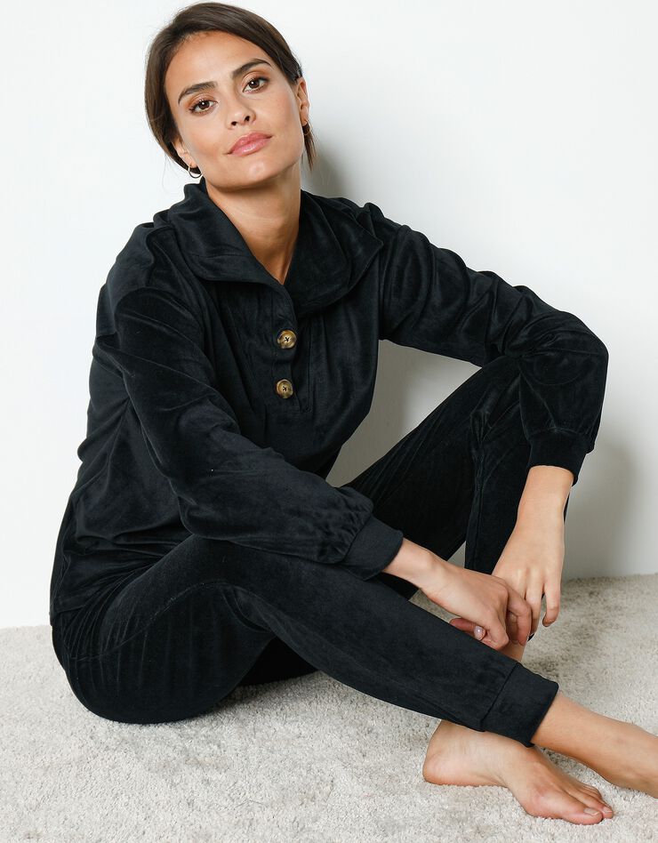 Pyjama velours stretch manches longues col boutonné (noir) Pyjama velours stretch manches longues col boutonné (noir)