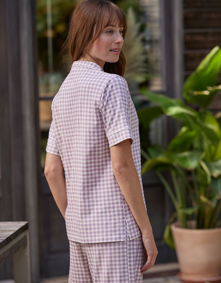 Pyjama pantalon court imprimé carreaux - col tailleur (parme)