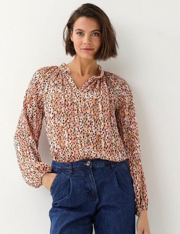 Blouse en voile imprim&eacute; tachiste (rose blush)