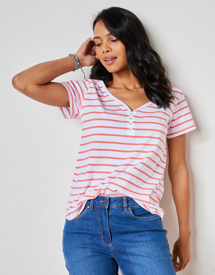 Tee-shirt col V rayé bicolore (blanc / corail) Tee-shirt col V rayé bicolore (blanc / corail)