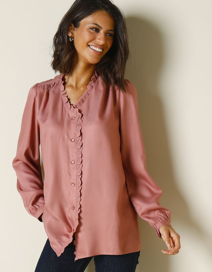 Blouse boutonnée twill et macramé (bois de rose) Blouse boutonnée twill et macramé (bois de rose)