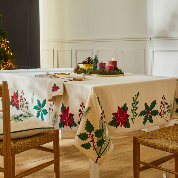 Nappe imprim&eacute;e houx et poinsettia (naturel / rouge)
