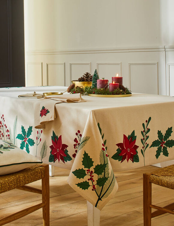 Nappe imprim&eacute;e houx et poinsettia (naturel / rouge)