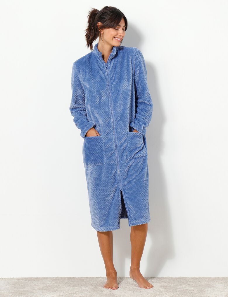 Robe de chambre zipp?�e maille polaire textur?�e, bleu jean | Blancheporte