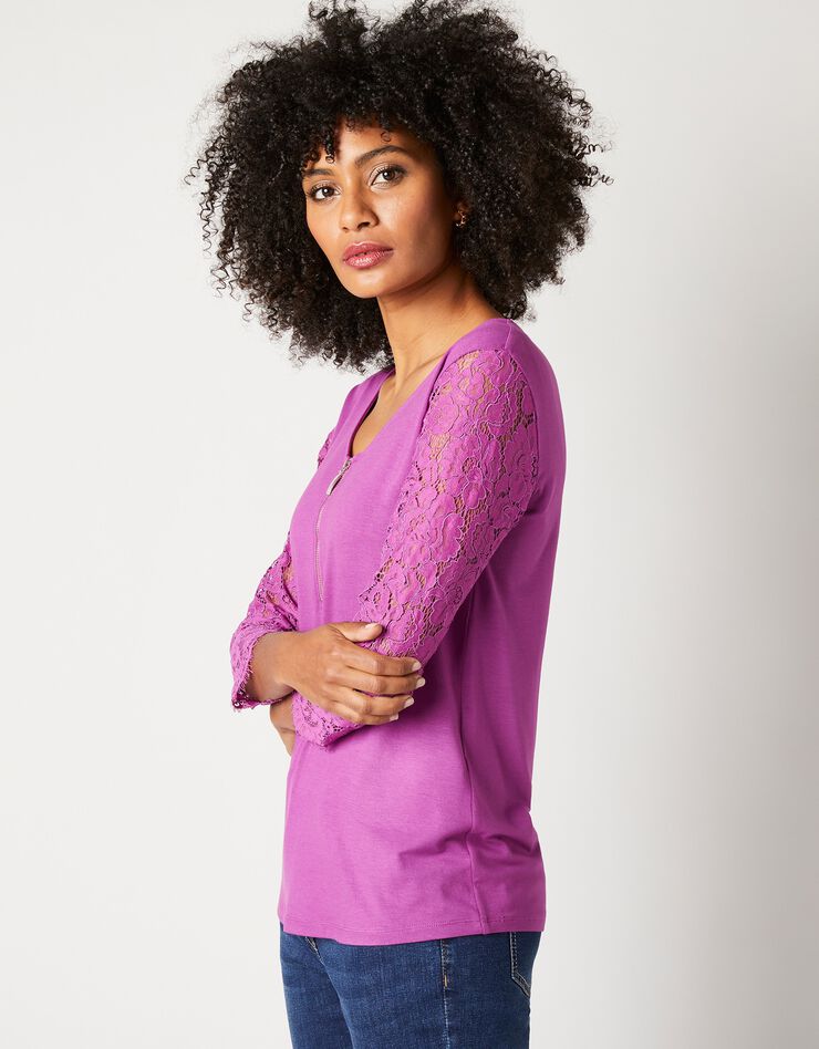Tee-shirt col zippé manches 3/4 dentelle jersey (violine) Tee-shirt col zippé manches 3/4 dentelle jersey (violine)