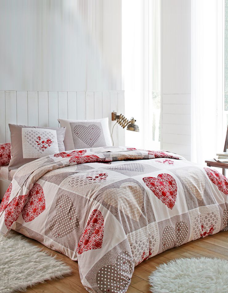 Linge de lit Lovely en flanelle imprimé coeurs  (taupe / rouge)