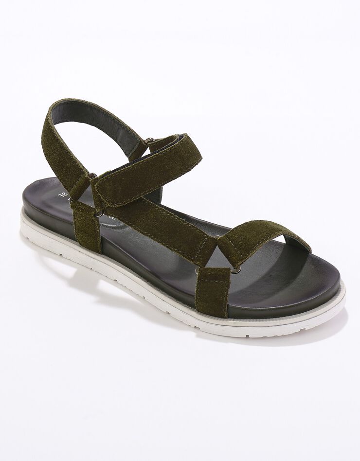 Sandales scratchées largeur confort en cuir style rando (kaki) Sandales scratchées largeur confort en cuir style rando (kaki)