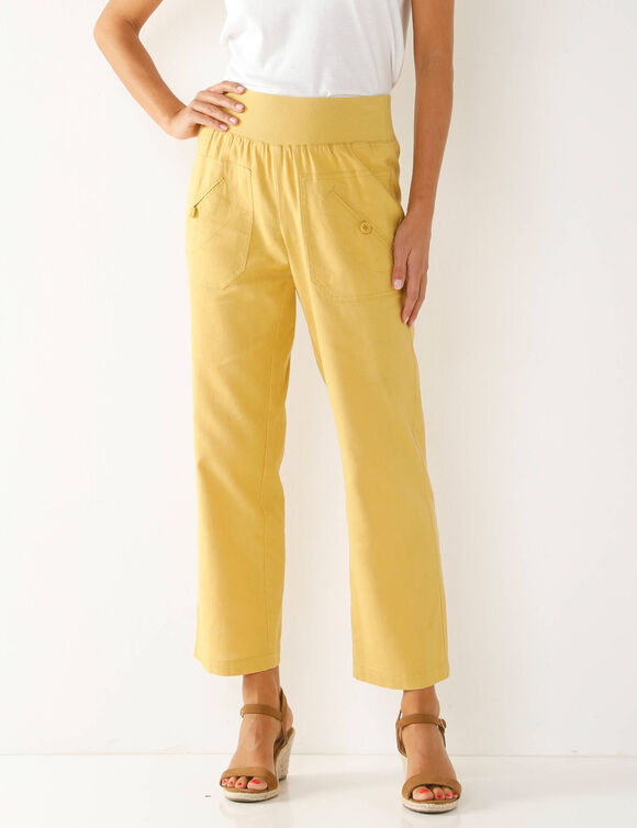 Pantalon coupe droite 7/8ème taille élastiquée, lin coton (ocre)