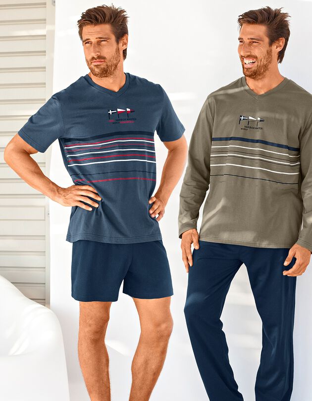 Pyjama short col V coton adouci (bleu grisé / marine)