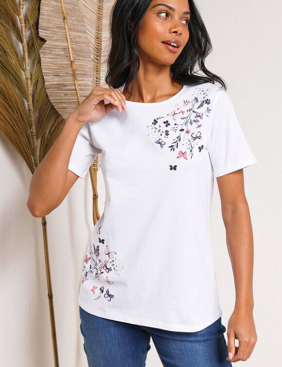 T-shirt manches courtes imprim&eacute; papillon (blanc)
