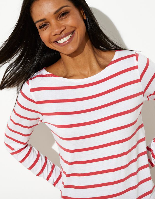 T-shirt marinière manches longues, coton biologique (blanc / corail)
