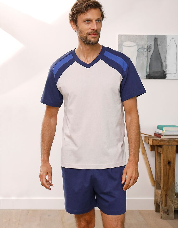 Pyjama short tricolore - lot de 2 (bleu + gris)