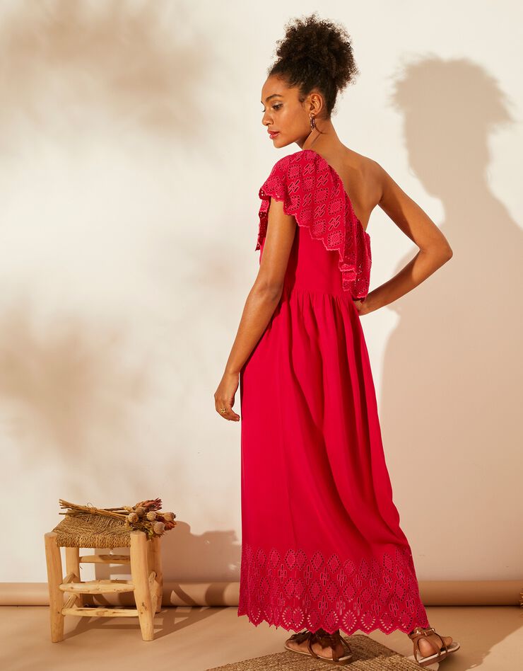 Robe longue one shoulder avec volant broderie anglaise (framboise)