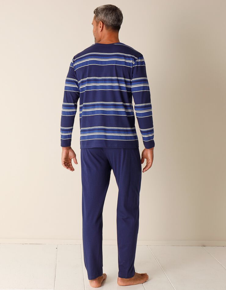 Pyjama col V coton rayé (bleu marine) Pyjama col V coton rayé (bleu marine)