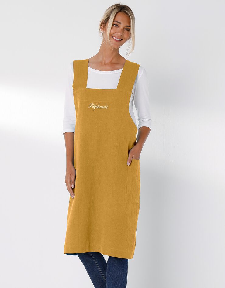 Tablier de cuisine japonais coton et lin uni personnalisable (jaune)