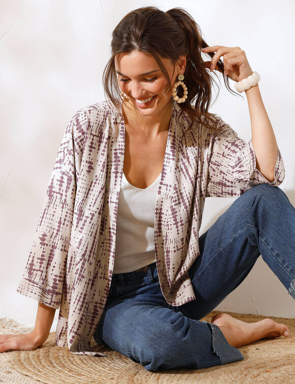 Veste kimono fluide, imprimé tie dye (écru / violet)