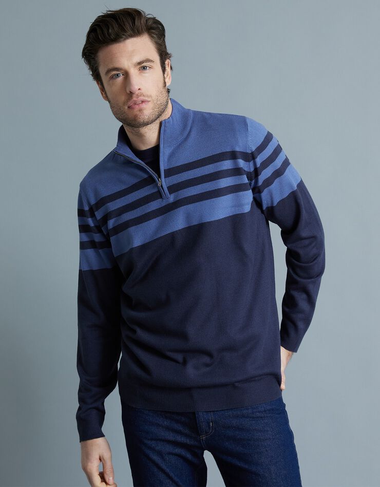 Pull rayé col montant zippé toucher cachemire (marine / bleu)