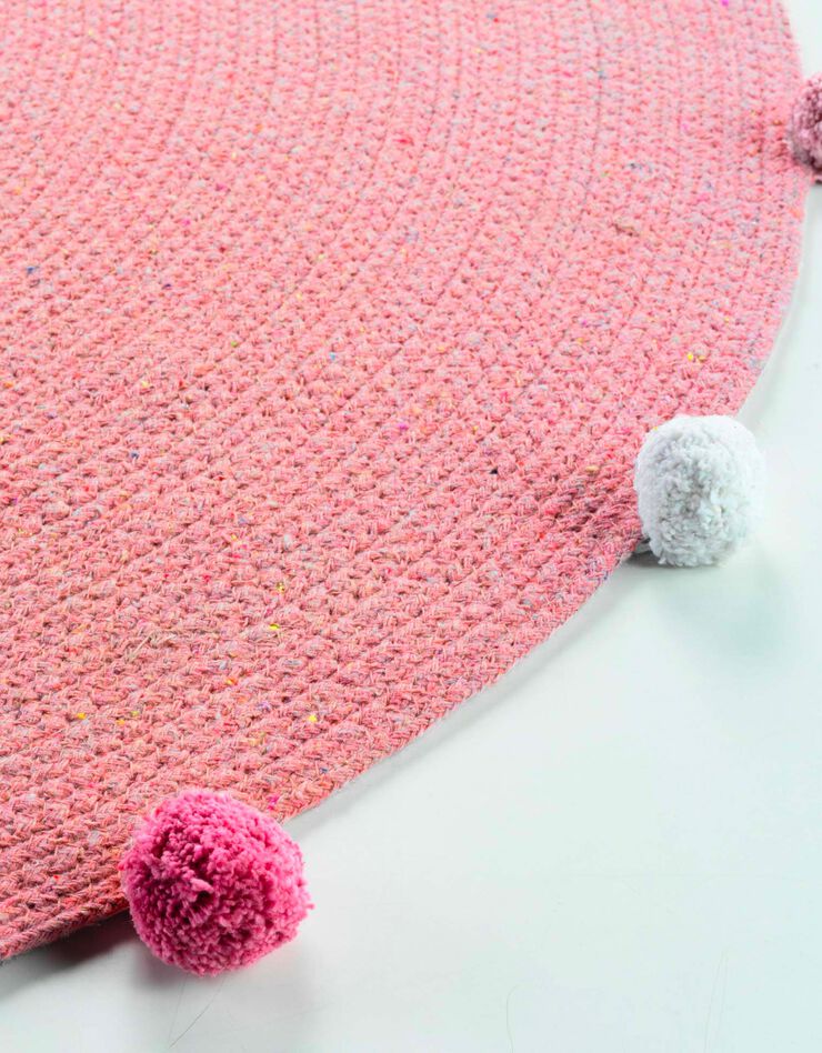 Tapis rond finition pompons rose (rose) Tapis rond finition pompons rose (rose)