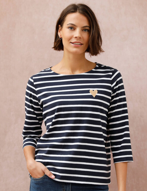 T-shirt marini&egrave;re broderie coeur dor&eacute; en coton biologique(**) (marine / blanc)