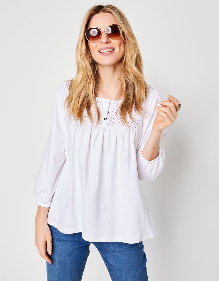 Tee-shirt manches 3/4, empiècement broderie anglaise (blanc) Tee-shirt manches 3/4, empiècement broderie anglaise (blanc)