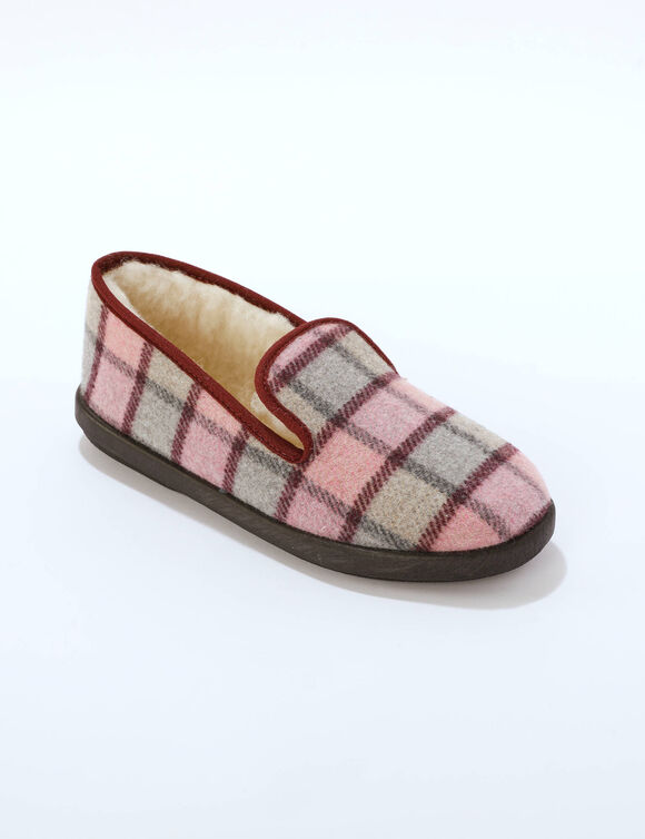 Charentaises fourr&eacute;es laine, motif carreaux (rose)