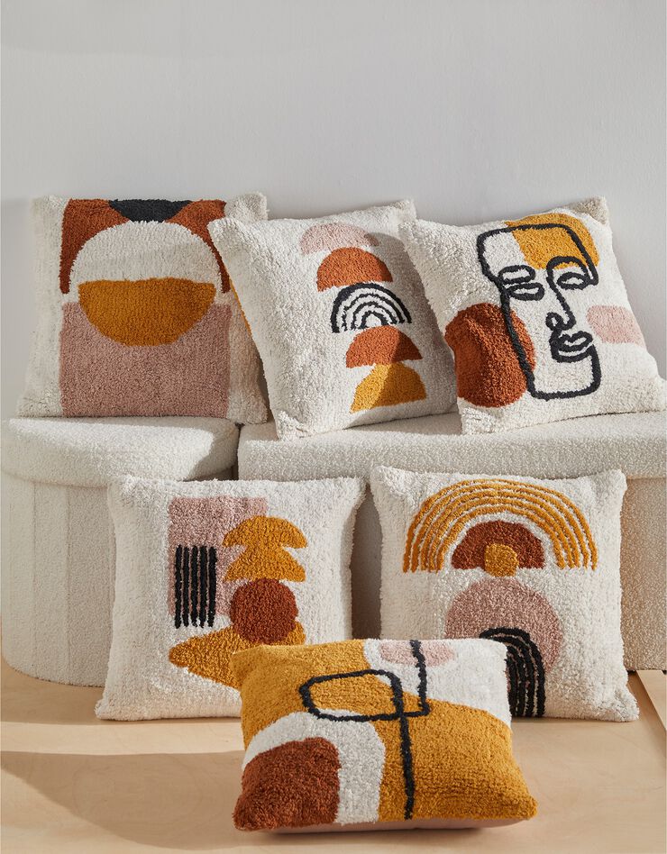 Coussin art-déco imprimé sphère tufté - coton  (blanc / orange)