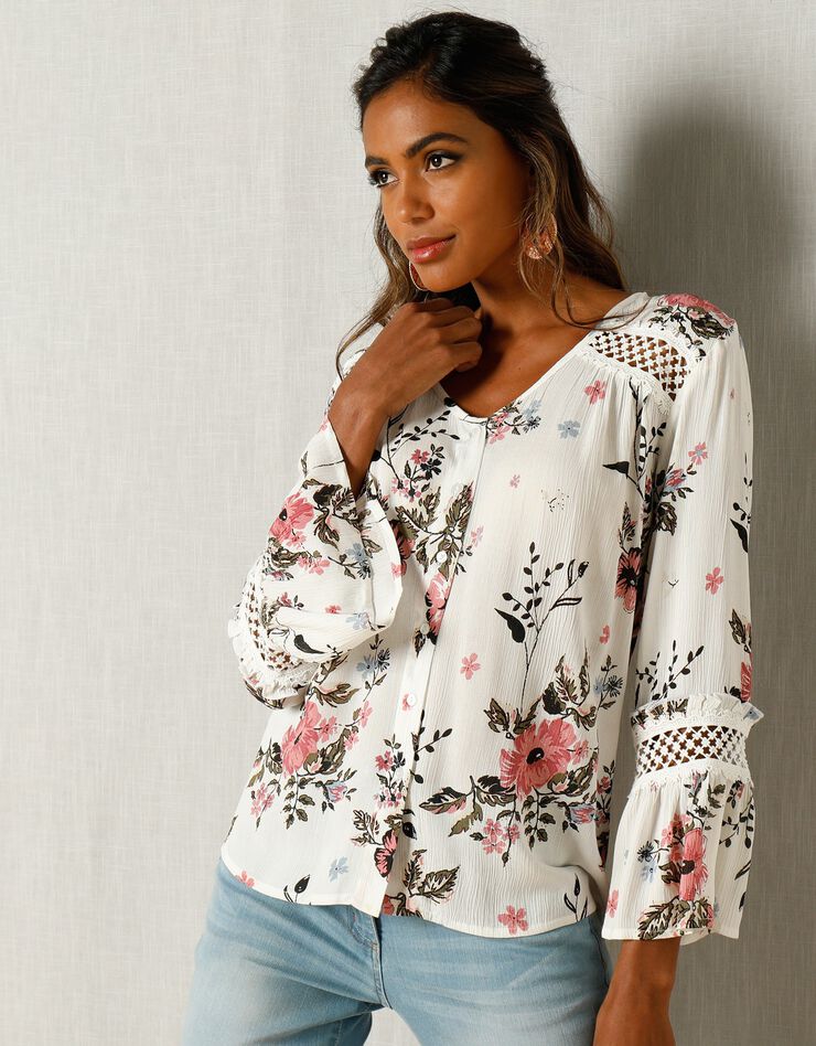 Blouse imprimée détails macramé (écru / rose) Blouse imprimée détails macramé (écru / rose)