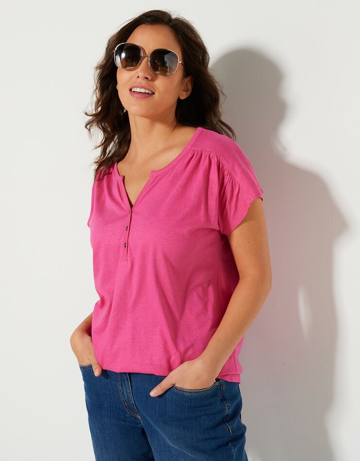 Tee-shirt col tunisien manches courtes, uni (rose) Tee-shirt col tunisien manches courtes, uni (rose)