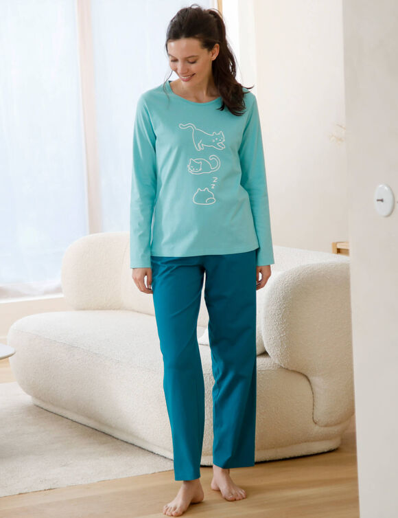 Pyjama manches longues, imprim&eacute; chat - lot de 2 (lagon + rose)