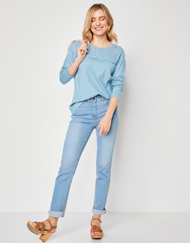 Tee-shirt manches longues, empiècement broderie anglaise (bleu grisé) Tee-shirt manches longues, empiècement broderie anglaise (bleu grisé)