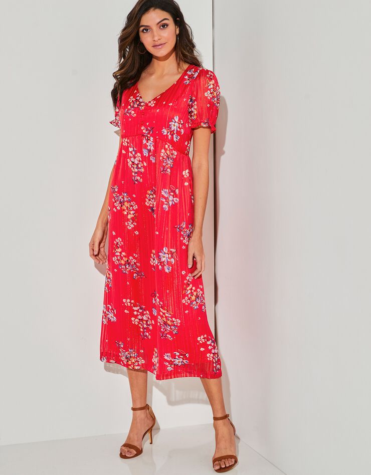Robe longue imprimé fleuri, voile et fils et brillants (rouge / bleu) Robe longue imprimé fleuri, voile et fils et brillants (rouge / bleu)